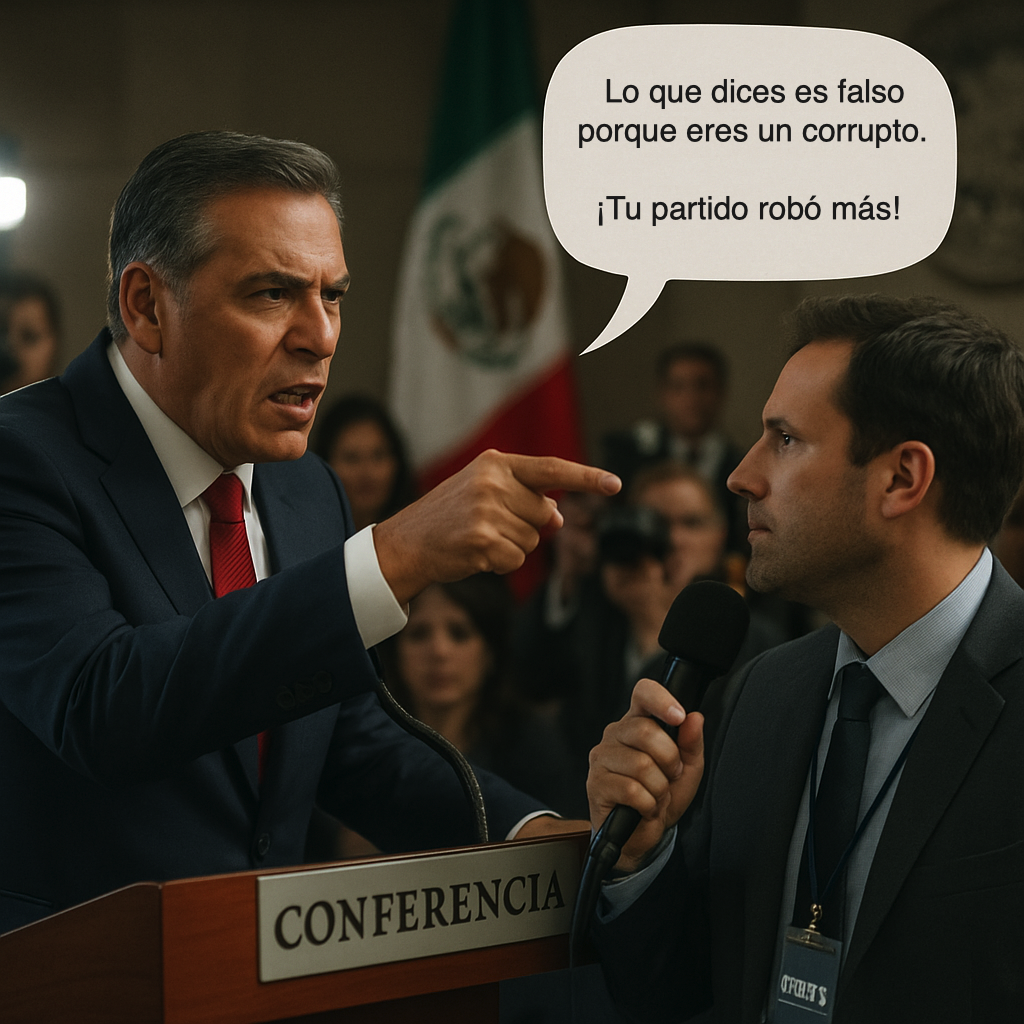 En una conferencia, un político señala al periodista y dice: «Lo que dices es falso porque eres un corrupto... Tu partido robó más».