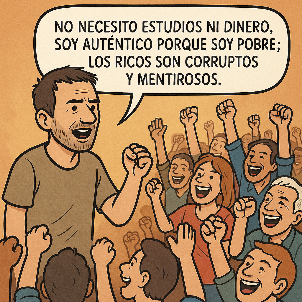 Un hombre con ropa sencilla dice: «No necesito estudios ni dinero, soy auténtico porque soy pobre; los ricos son corruptos y mentirosos». Una multitud asiente.