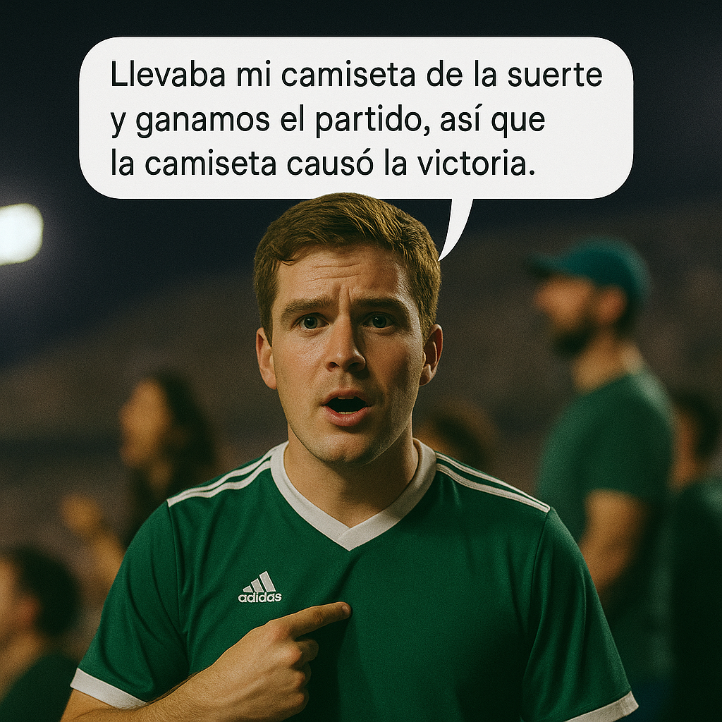 Confundir coincidencia con causa: “Llevaba mi camiseta de la suerte y ganamos el partido, así que la camiseta causó la victoria.”